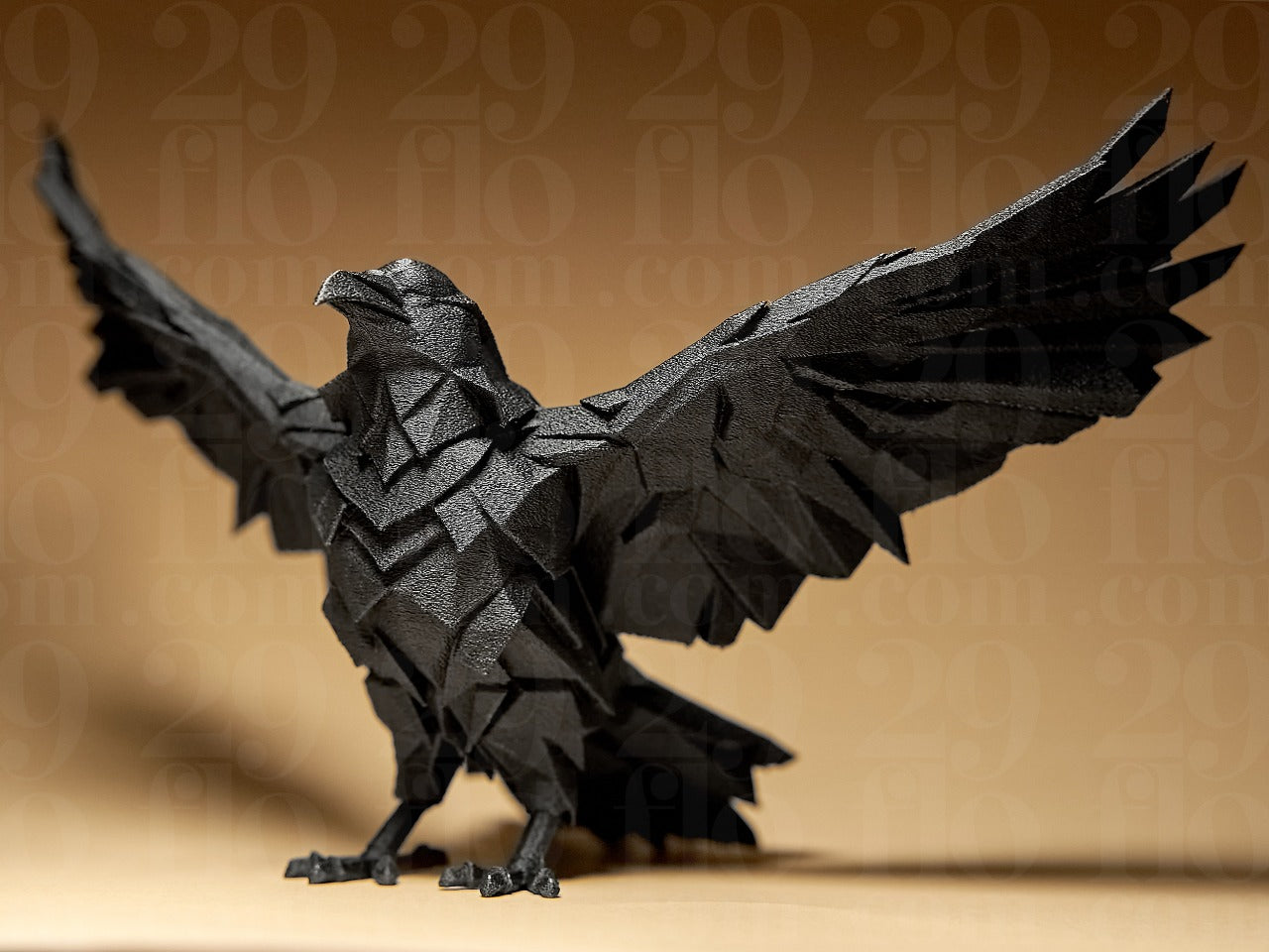 Beoals Black Faceted Crow Statue - Dynamic Wings Spread Geometric Art