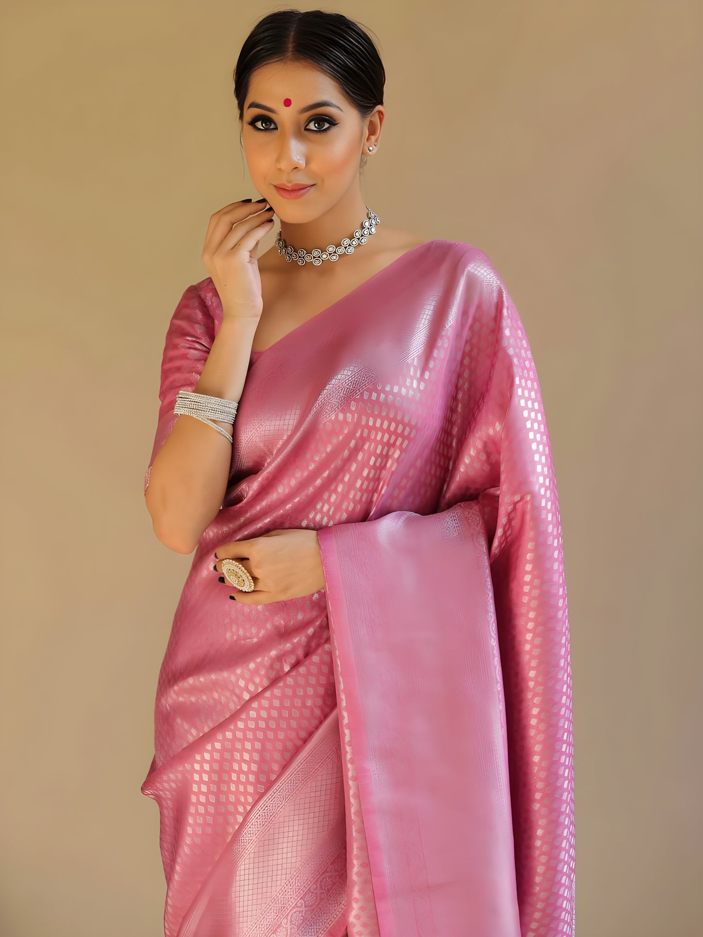 Women's Art Silk Kanjivarm Pattu Saree With Unstitching Blouse Piece ( Pink)