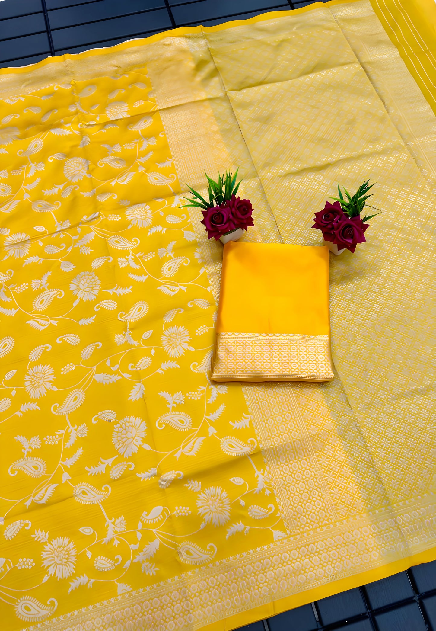 Yellow Silk Saree Indian And Pakistani Festival Sari With Blouse Material