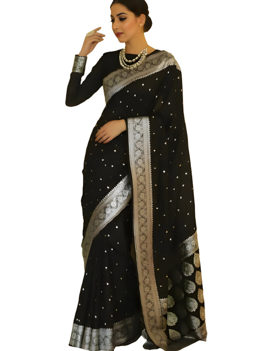 Amazing Kanjivaram Soft Lichi Silk Banarasi Saree With Blouse Piece,Breathable Organic Banarasi Sarees for Intimate (Black)