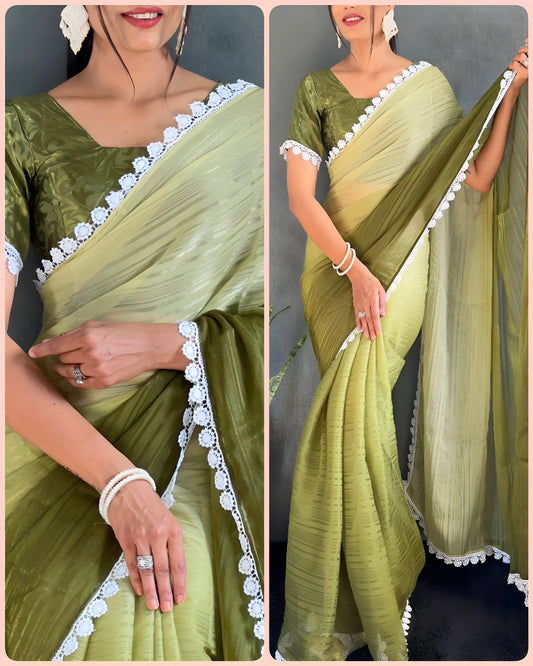 SOFT NAYLONE  RIMZIM ZARI PATTERN SAREE WITH WHITE LESS BORDER