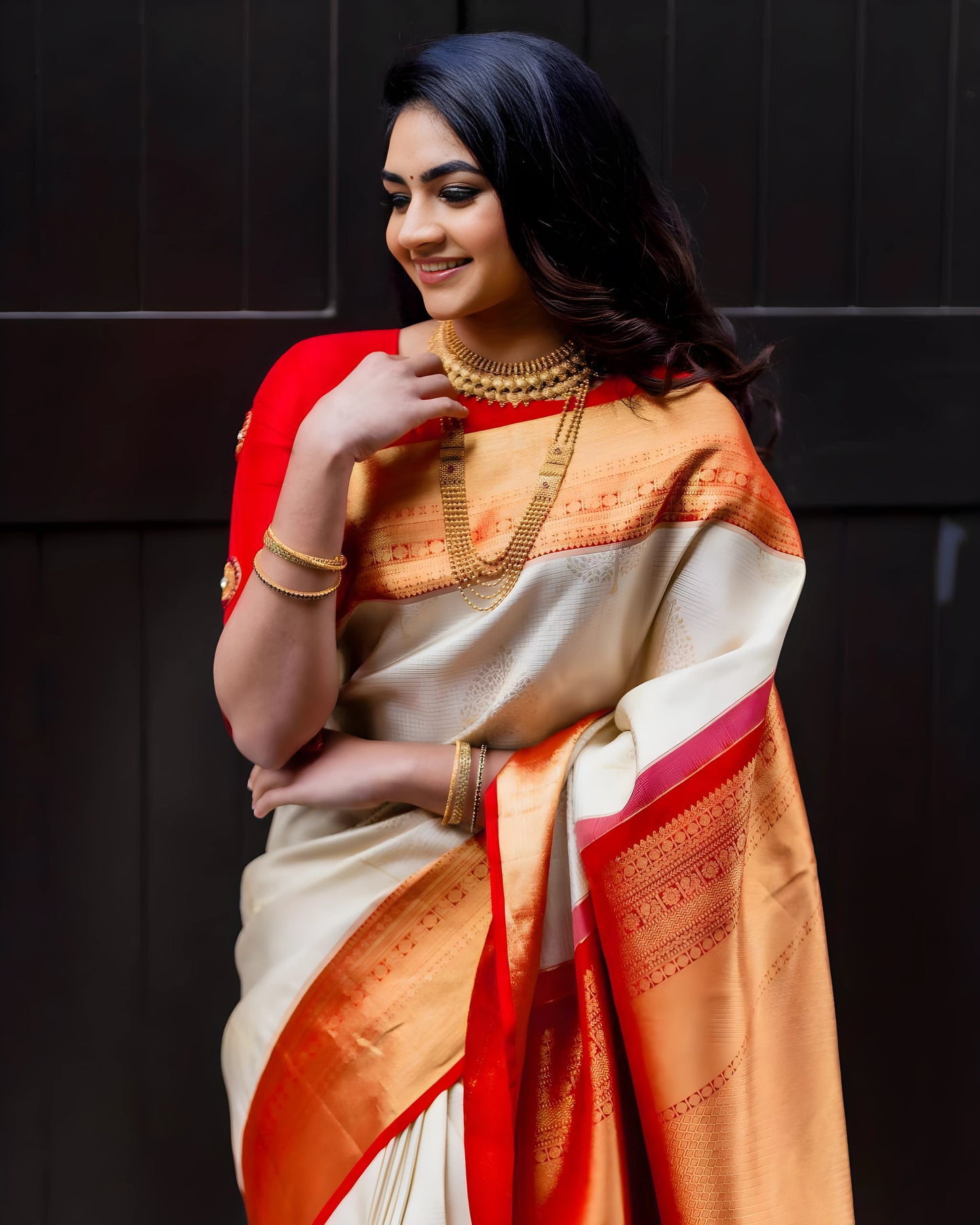 Traditional Banarasi Soft Silk Saree, Off-White with Red Border, Golden Zari Work