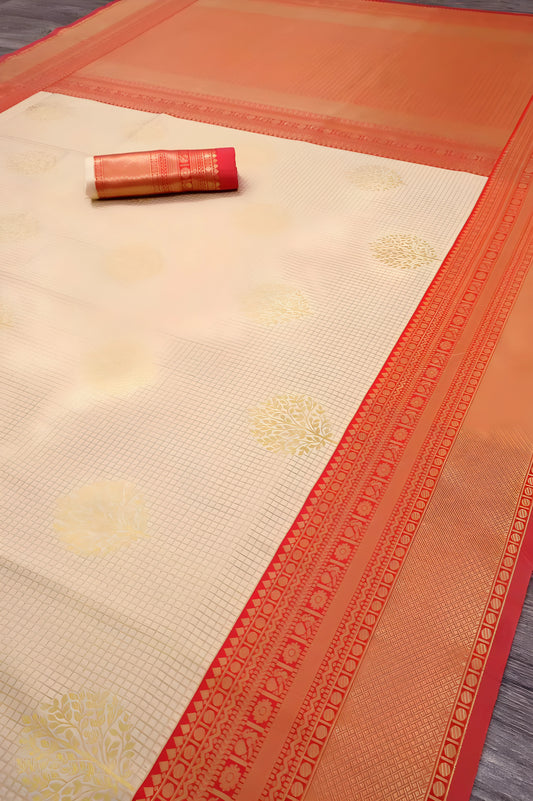 Traditional Banarasi Soft Silk Saree, Off-White with Red Border, Golden Zari Work