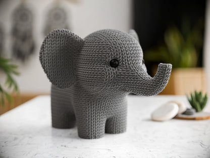 Beoals Woven Texture Gray Elephant Figurine with Button Eye | 3D Printed Knit-Style Safari Nursery Decor Statue