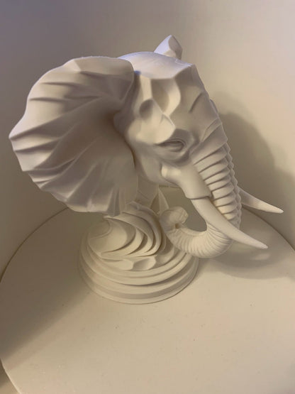 Beoals 3D Printed Geometric Elephant Head Sculpture | Modern Faceted Wildlife Bust in White Resin for Minimalist Decor