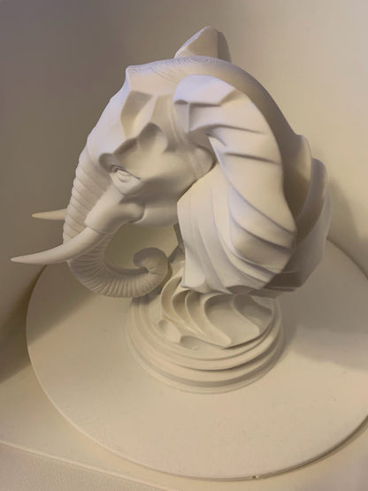 Beoals 3D Printed Geometric Elephant Head Sculpture | Modern Faceted Wildlife Bust in White Resin for Minimalist Decor