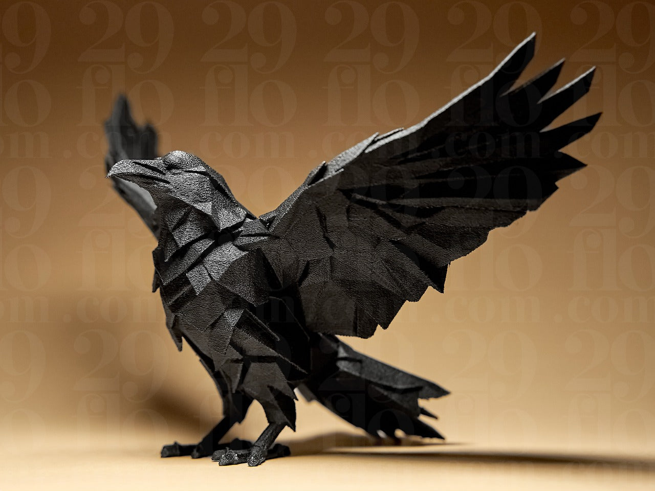 Beoals Black Faceted Crow Statue - Dynamic Wings Spread Geometric Art