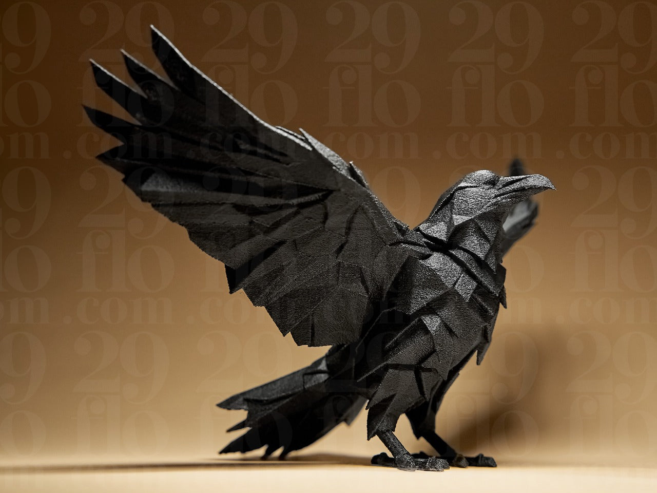 Beoals Black Faceted Crow Statue - Dynamic Wings Spread Geometric Art