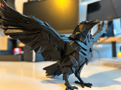 Beoals Black Faceted Crow Statue - Dynamic Wings Spread Geometric Art