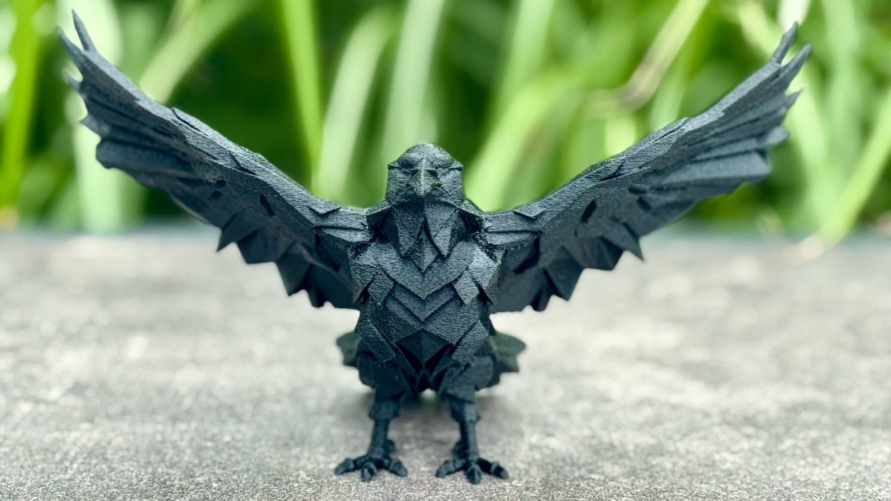 Beoals Black Faceted Crow Statue - Dynamic Wings Spread Geometric Art