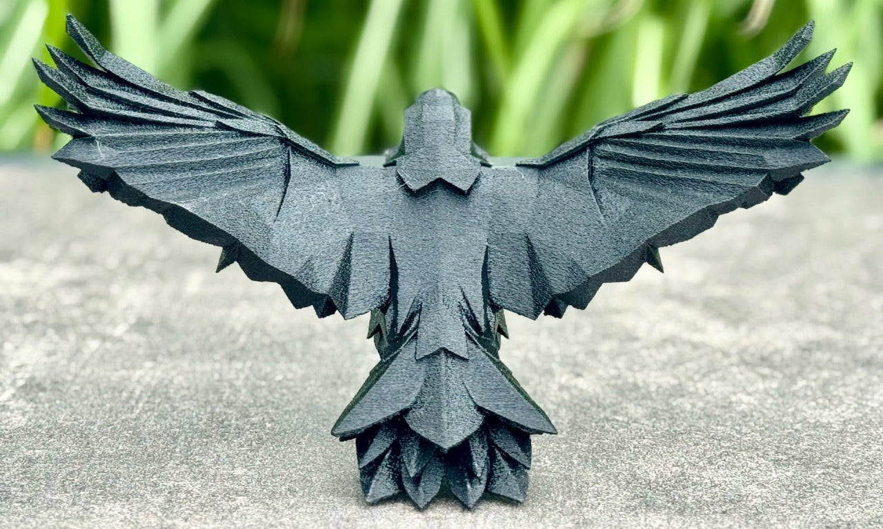 Beoals Black Faceted Crow Statue - Dynamic Wings Spread Geometric Art