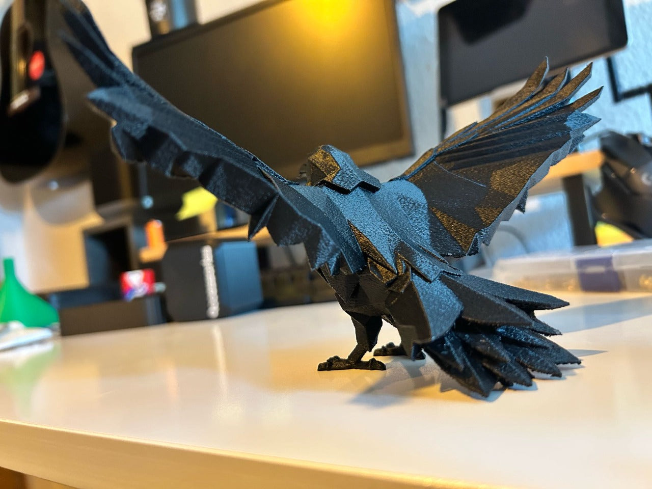 Beoals Black Faceted Crow Statue - Dynamic Wings Spread Geometric Art