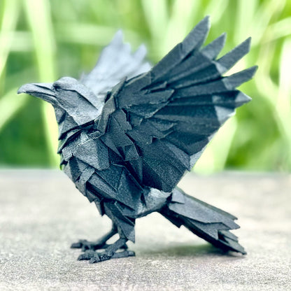 Beoals Black Faceted Crow Statue - Dynamic Wings Spread Geometric Art