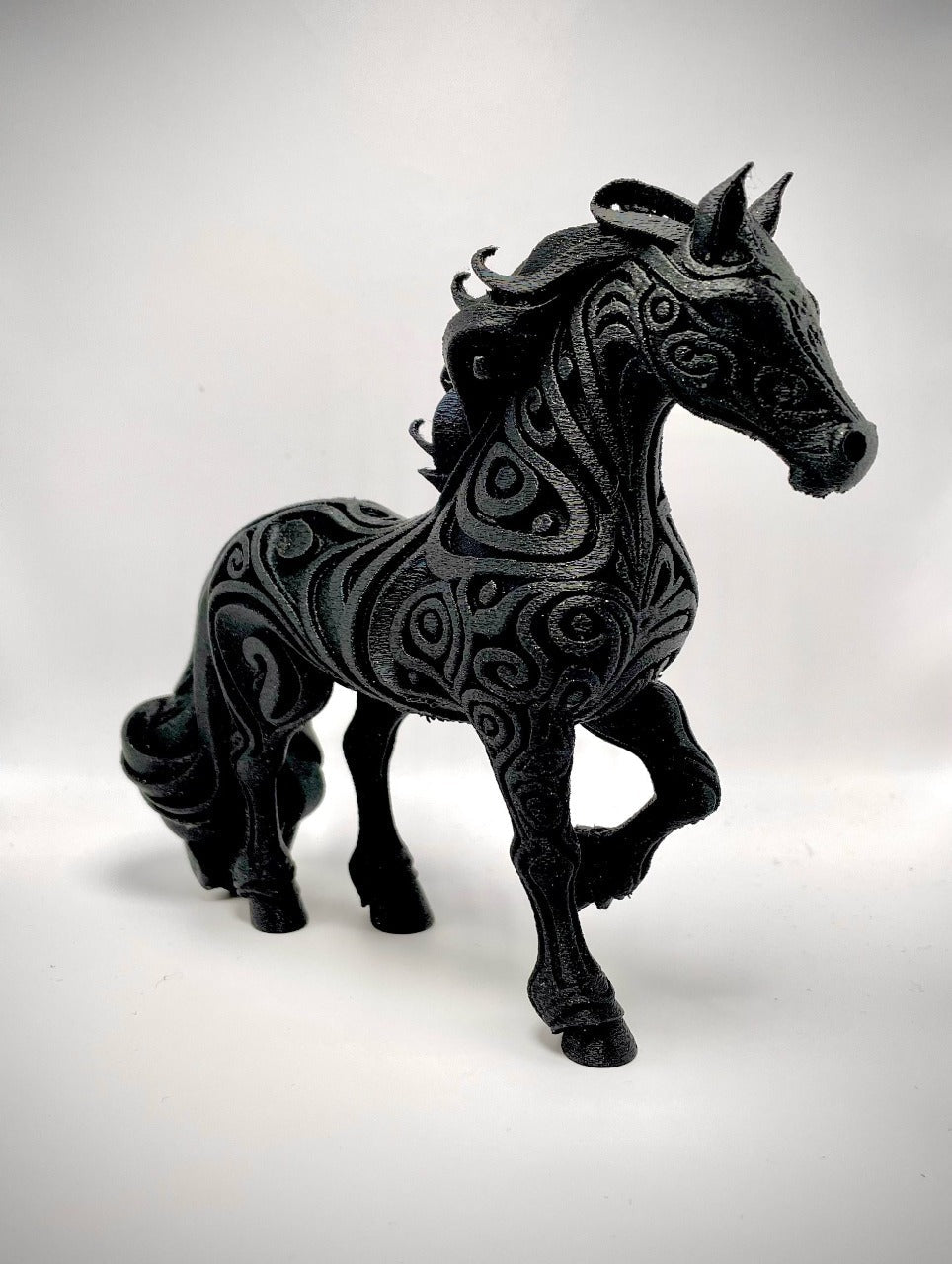 Beoals Decorative Black Horse Sculpture with Swirl Design