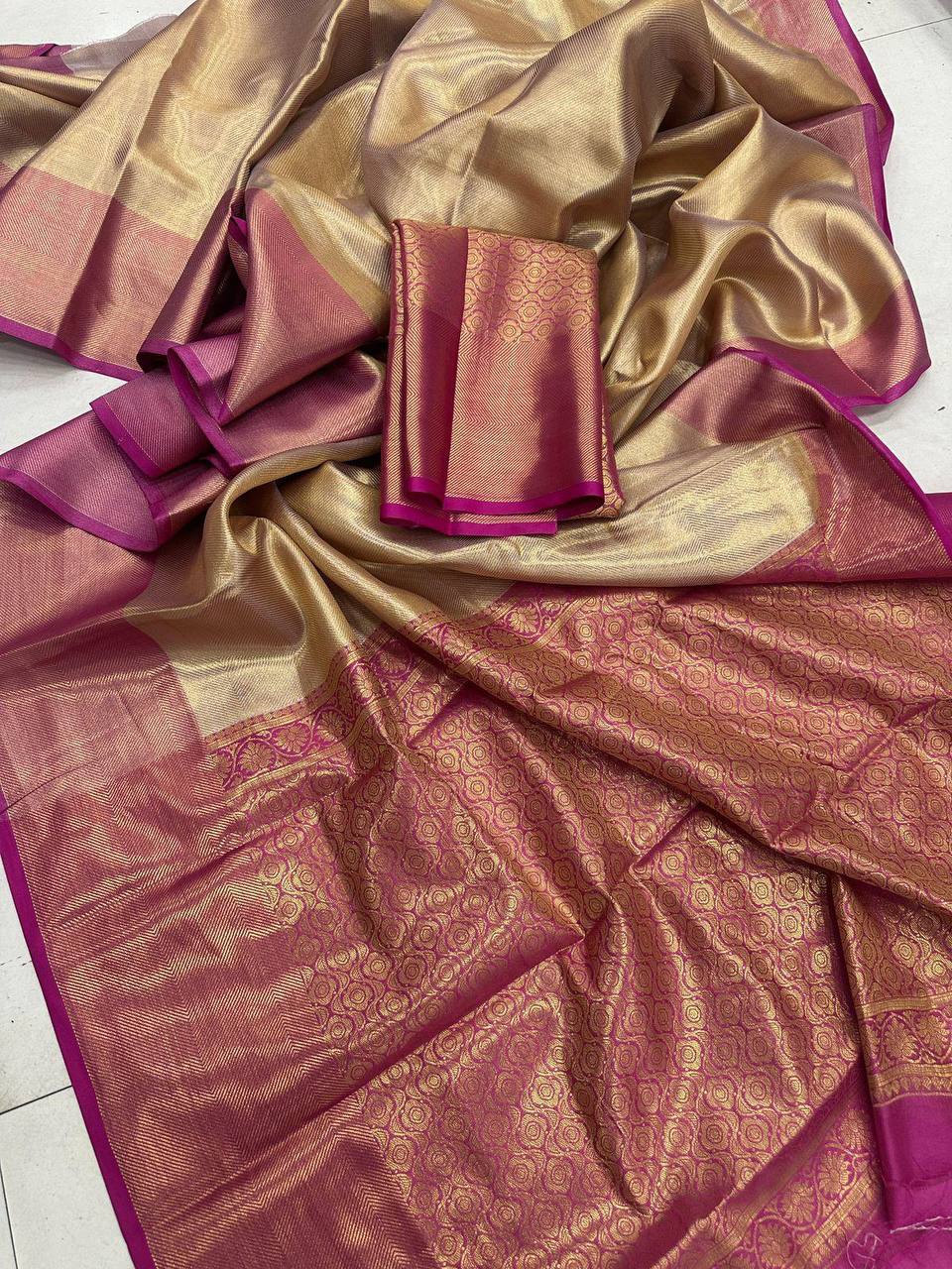 Bhagalpuri Handloom 100% Pure Tissue Banarsi Plain Border Dobby Design Saree Saree With Blouse Piece.