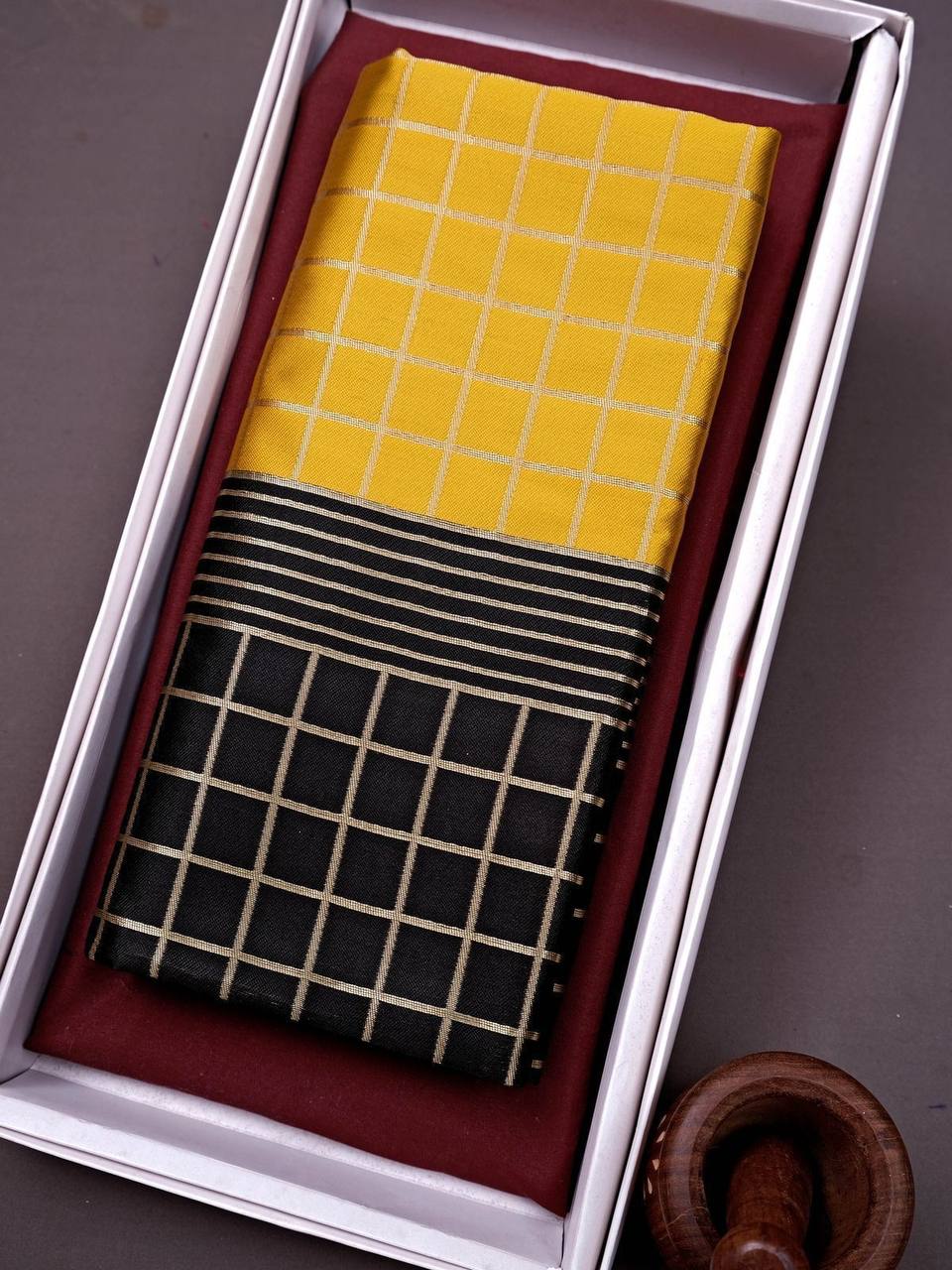 Women Traditional Banarasi Soft Lichi Silk Saree With Unstitched Matching Blouse Piece For Wedding Party Birthday Festive Occasions (Yellow Black)