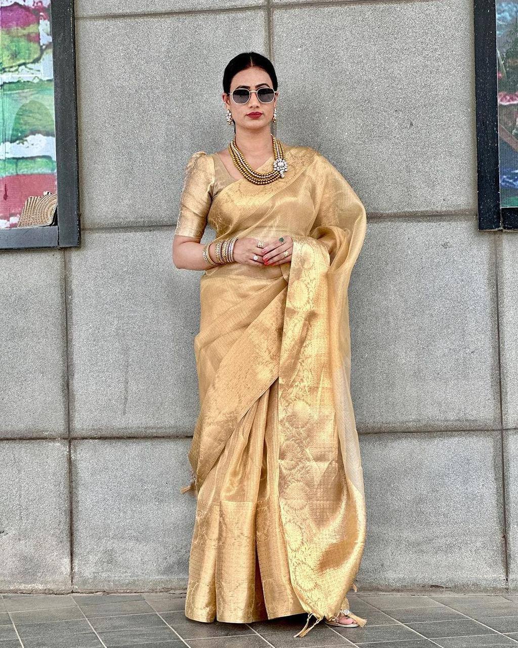 Beautiful Kanchi Border Copper Tissue Silk Gold Saree With Unstitched Running Blouse Designer Sari Indian Bollywood Style.