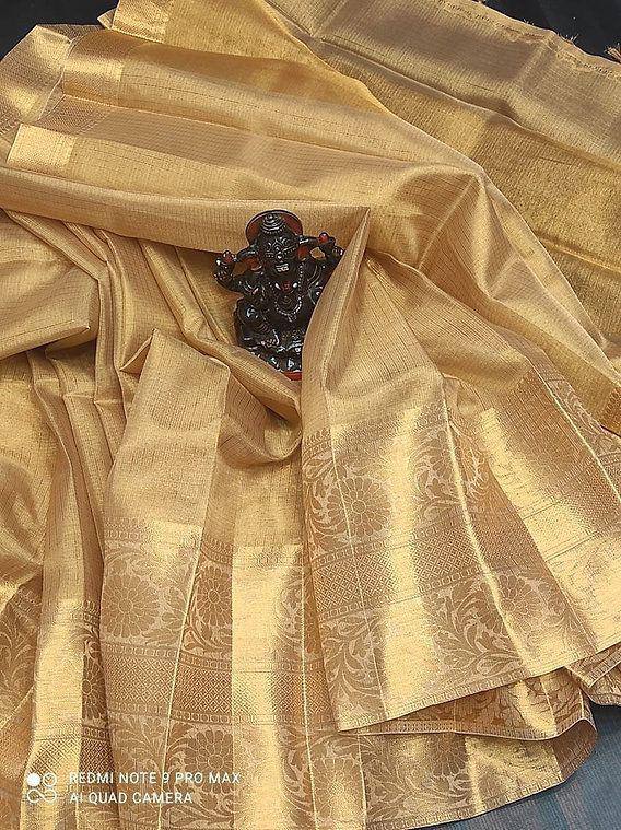 Beautiful Kanchi Border Copper Tissue Silk Gold Saree With Unstitched Running Blouse Designer Sari Indian Bollywood Style.