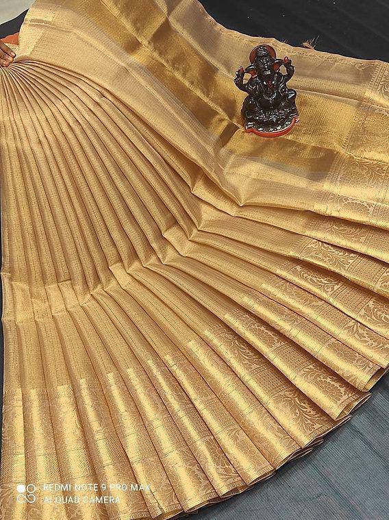 Beautiful Kanchi Border Copper Tissue Silk Gold Saree With Unstitched Running Blouse Designer Sari Indian Bollywood Style.