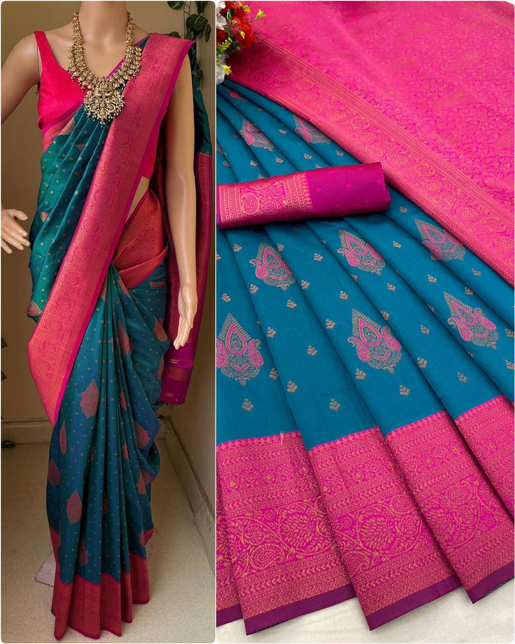 SOFT LICHI SILK SAREE [Silk Jacquard Border Saree With Unstitched Running Blouse For Women Wedding Wear Party]