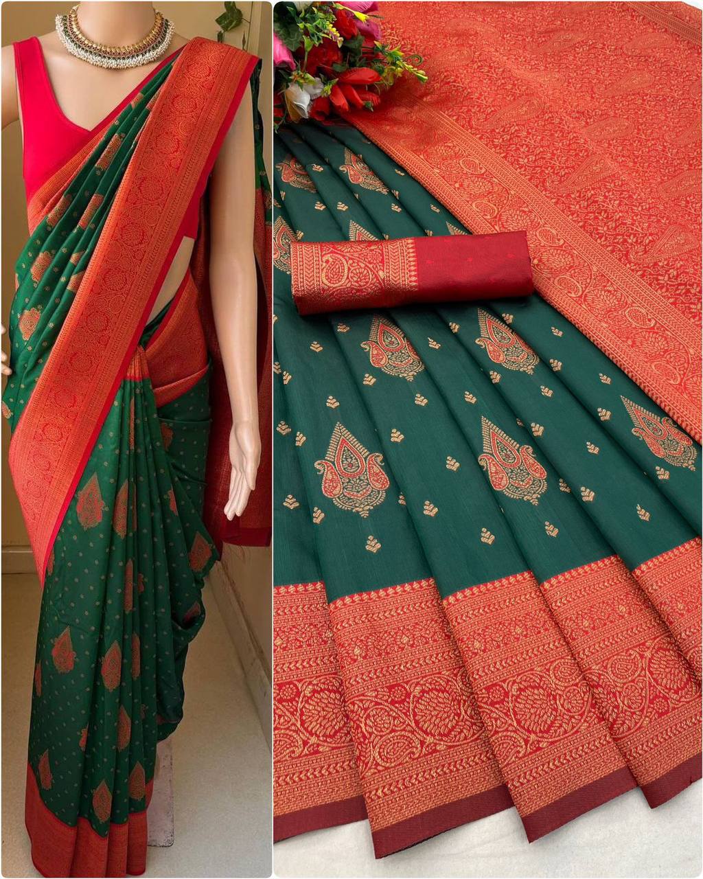 SOFT LICHI SILK SAREE [Silk Jacquard Border Saree With Unstitched Running Blouse For Women Wedding Wear Party]