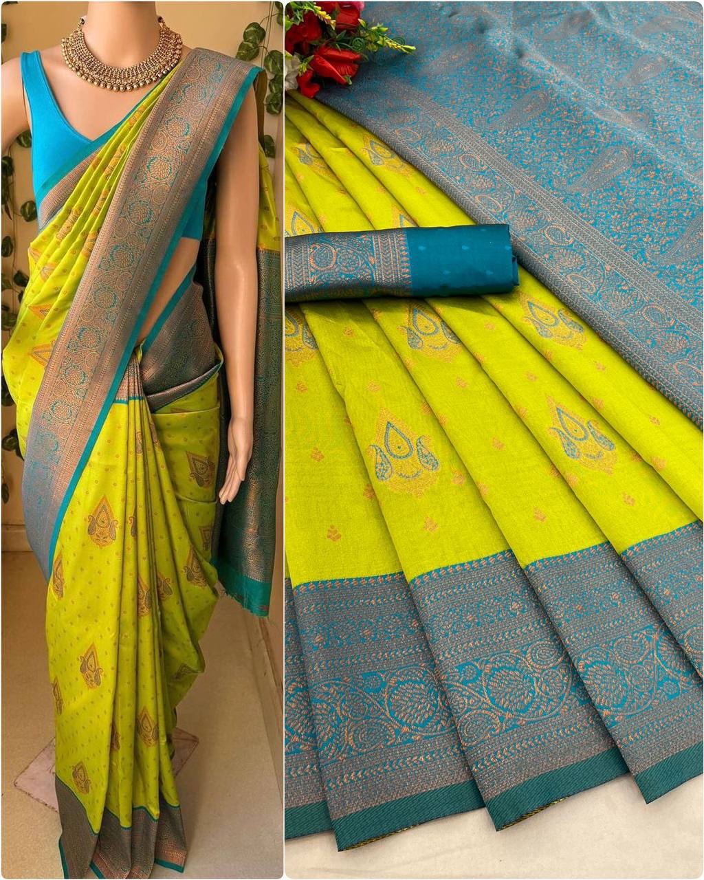 SOFT LICHI SILK SAREE [Silk Jacquard Border Saree With Unstitched Running Blouse For Women Wedding Wear Party]