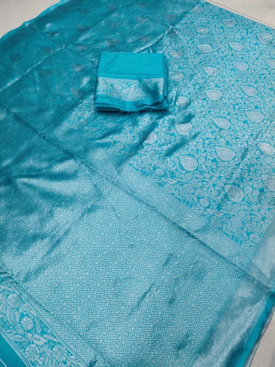 Women's Kanjivaram Soft Lichi Silk Saree With Blouse Piece (Light-Blue)