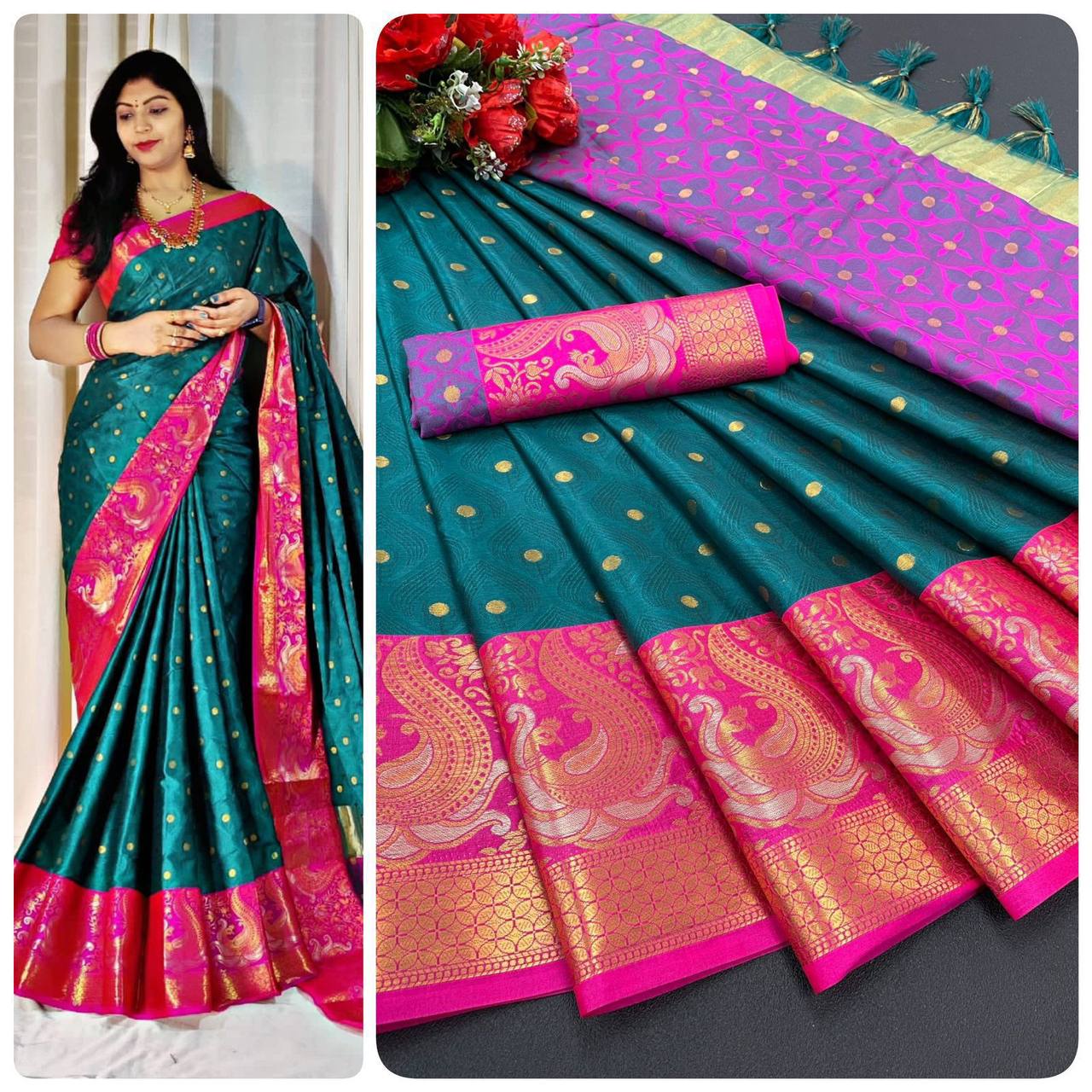 Polka-Dot Pattern Saree with Contrast Border