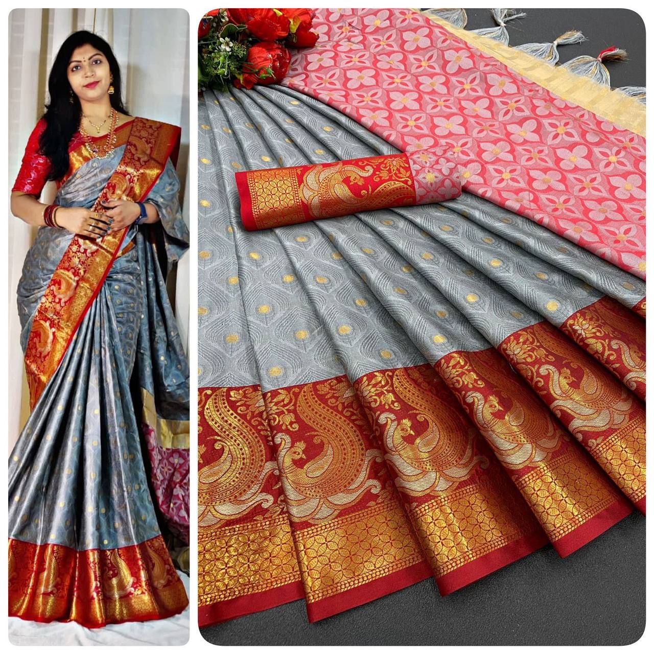 Polka-Dot Pattern Saree with Contrast Border