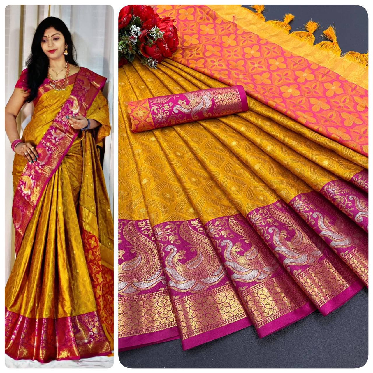 Polka-Dot Pattern Saree with Contrast Border